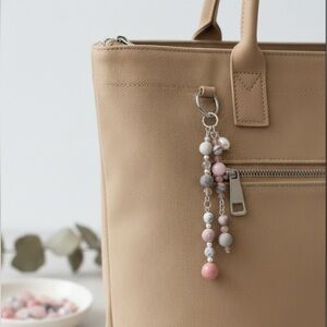 Marbled Coral Handmade Beaded Bag Charm Keychain with Real Pearl Charm